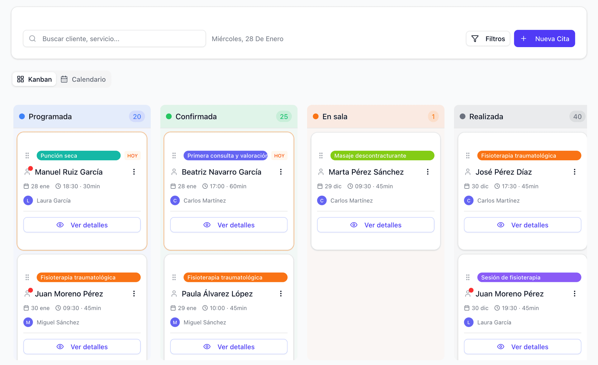 Vista Kanban de citas en Metic