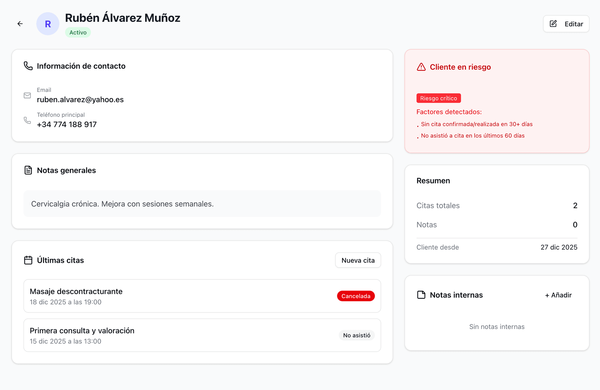 Detalle de cliente en Metic